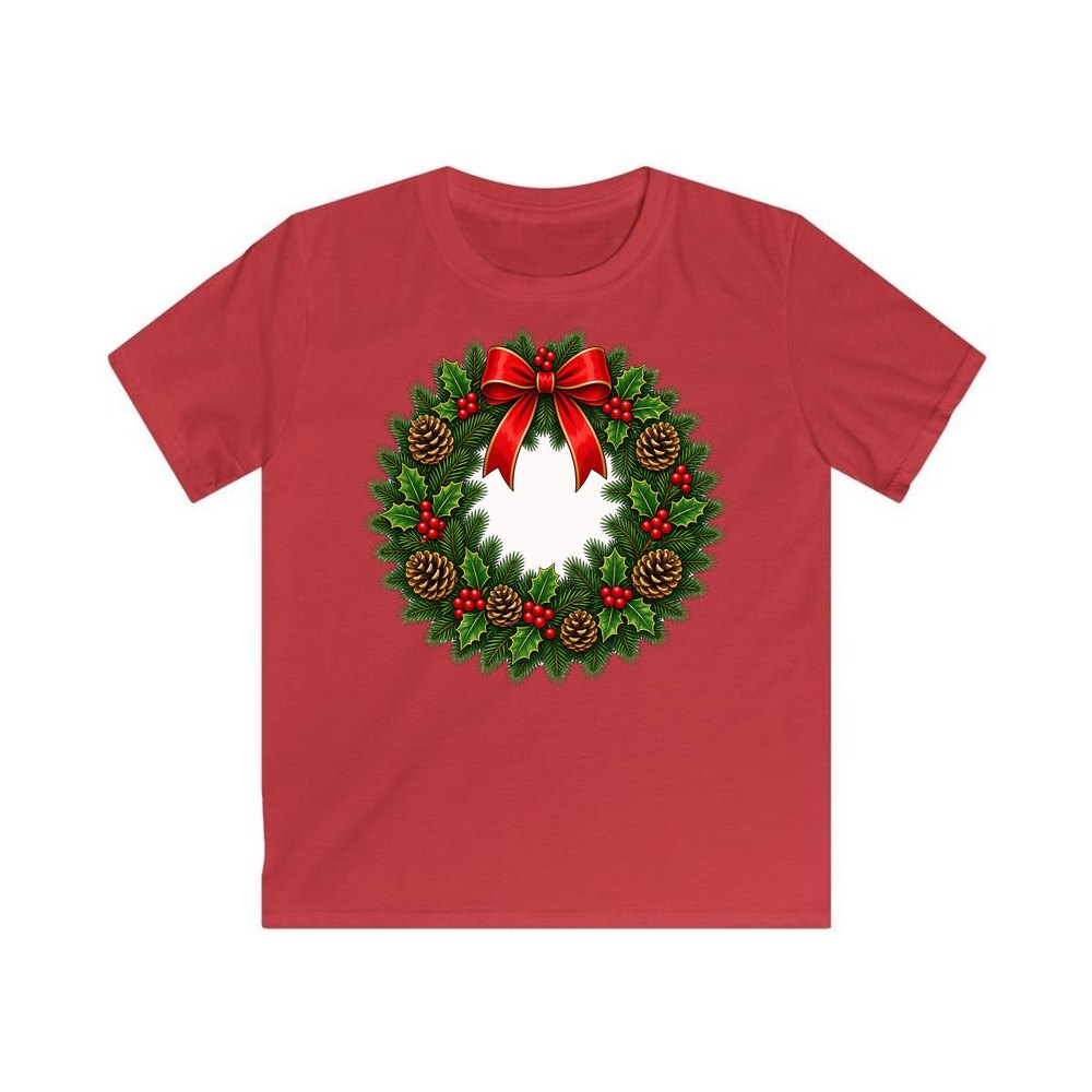 Traditional Pine and Holly Wreath personalised kids Christmas tee in red