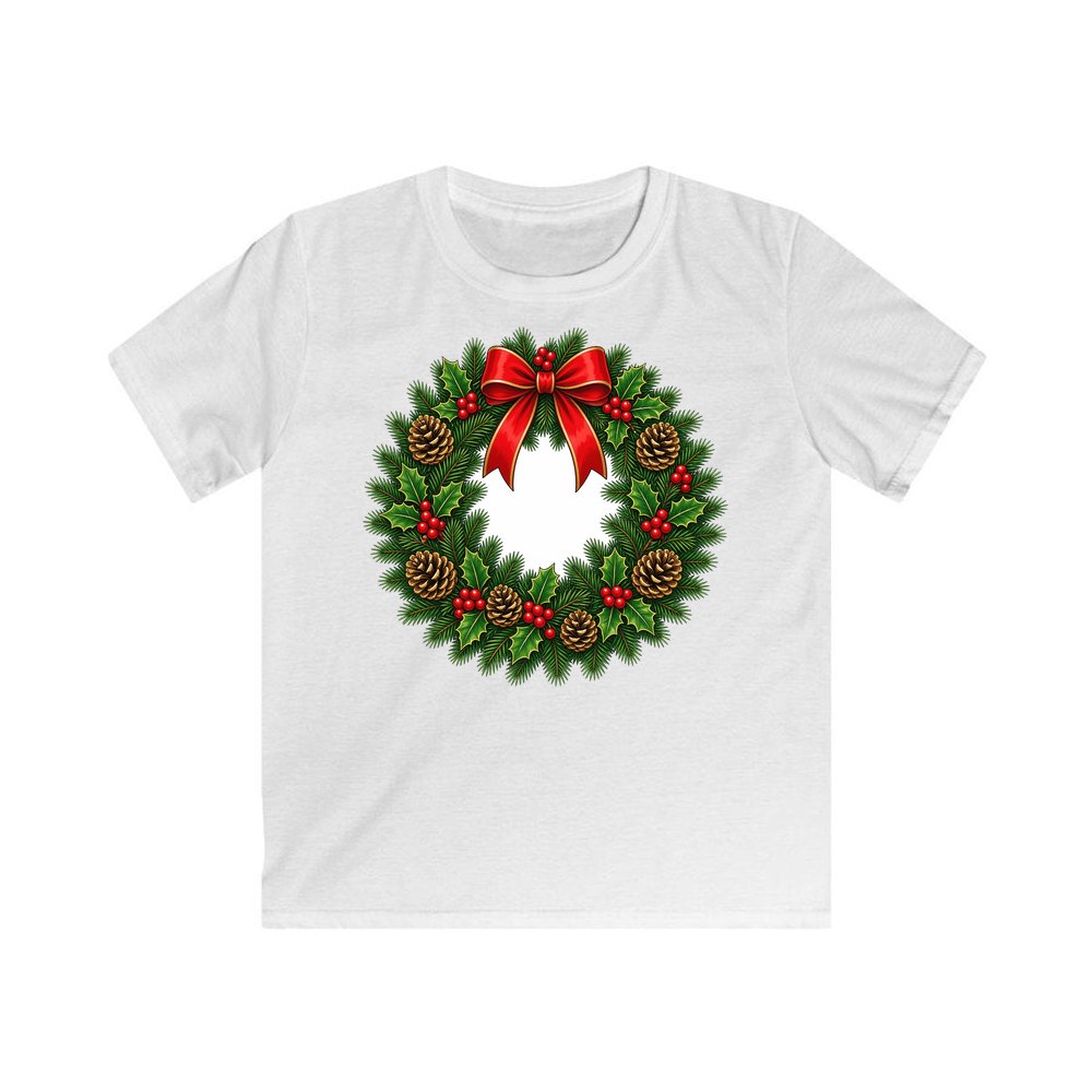Traditional Pine and Holly Wreath personalised kids Christmas tee in white