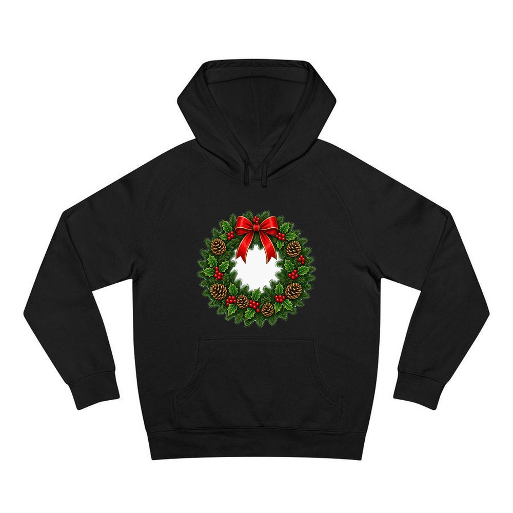 Traditional Pine and Holly Wreath personalised Christmas hoodie in black