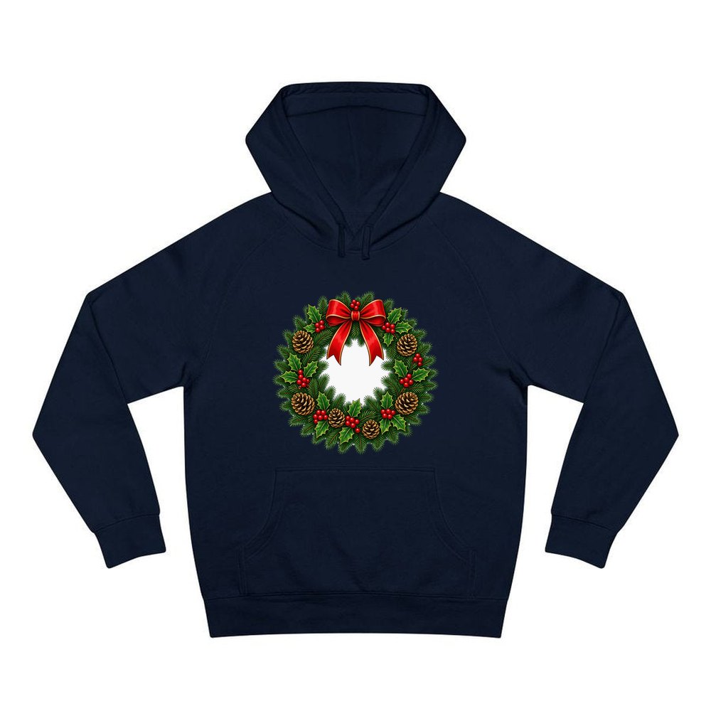 Traditional Pine and Holly Wreath personalised Christmas hoodie in navy