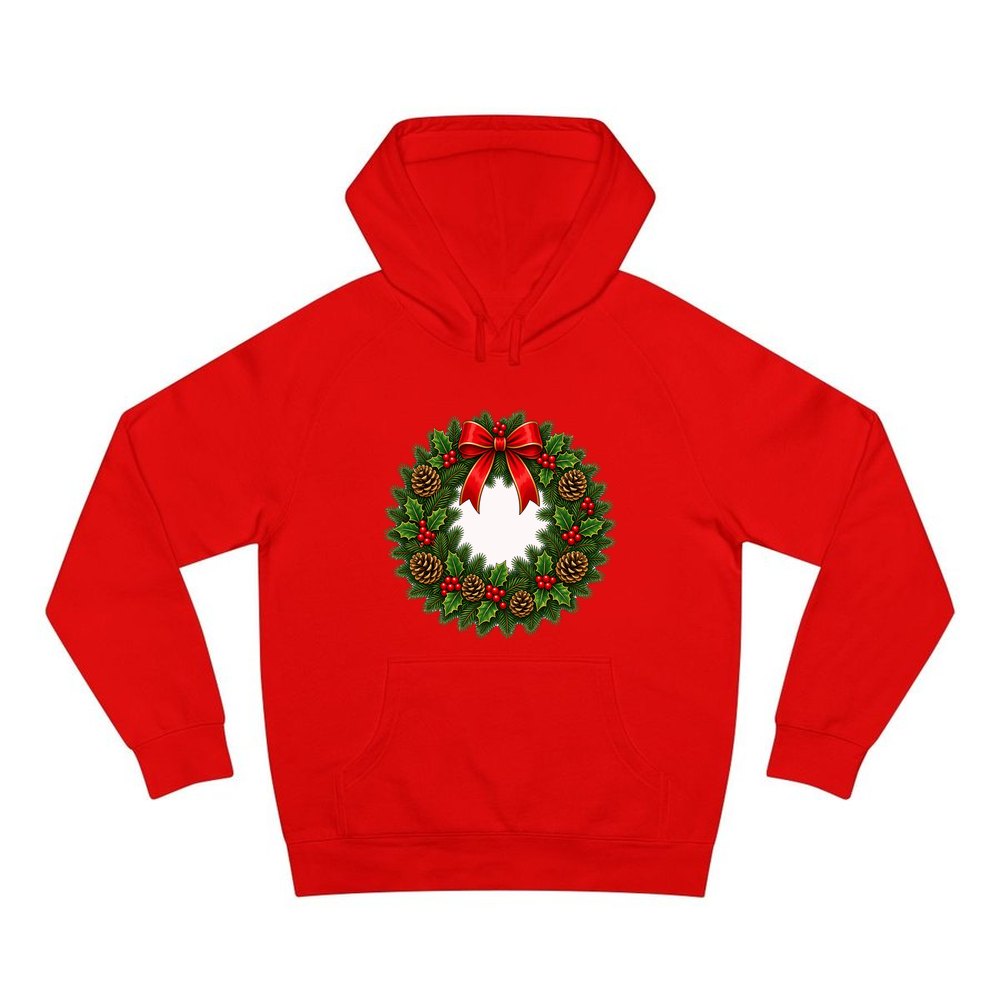 Traditional Pine and Holly Wreath personalised Christmas hoodie in red