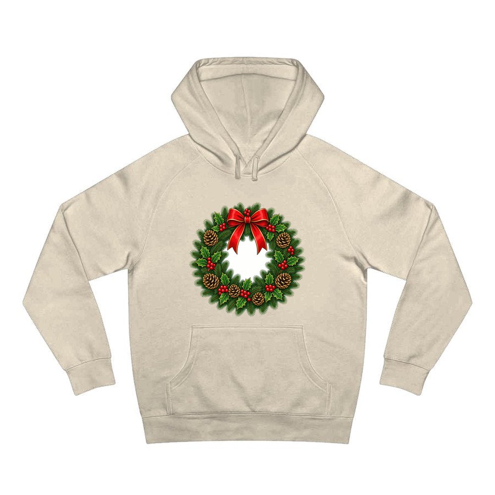 Traditional Pine and Holly Wreath personalised Christmas hoodie in sand