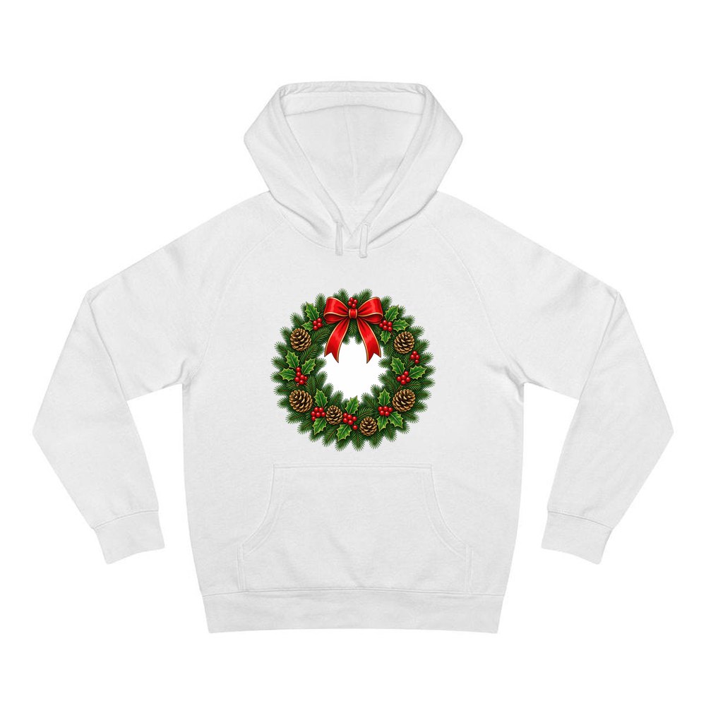 Traditional Pine and Holly Wreath personalised Christmas hoodie in white