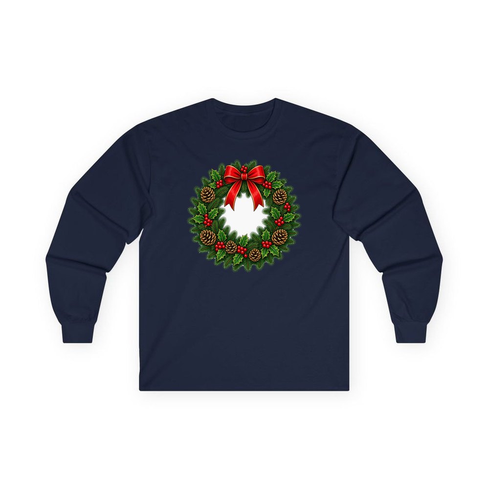 Traditional Pine and Holly Wreath personalised long sleeve Christmas T-shirt in navy