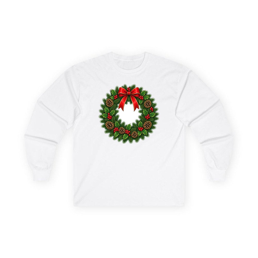 Traditional Pine and Holly Wreath personalised long sleeve Christmas T-shirt in white
