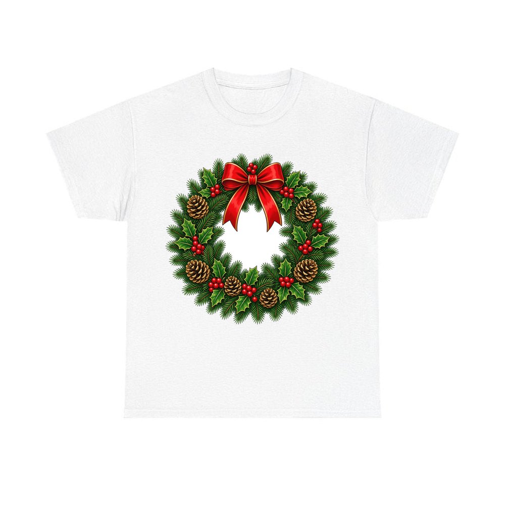 Traditional Pine and Holly Wreath personalised Christmas T-shirt in white