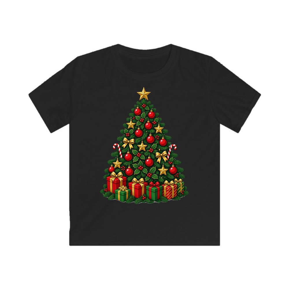 Traditional Red and Green Tree personalised kids Christmas tee in black