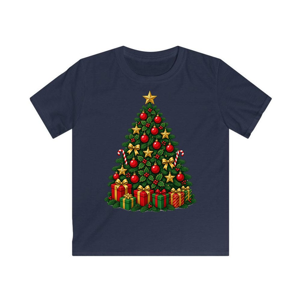 Traditional Red and Green Tree personalised kids Christmas tee in navy