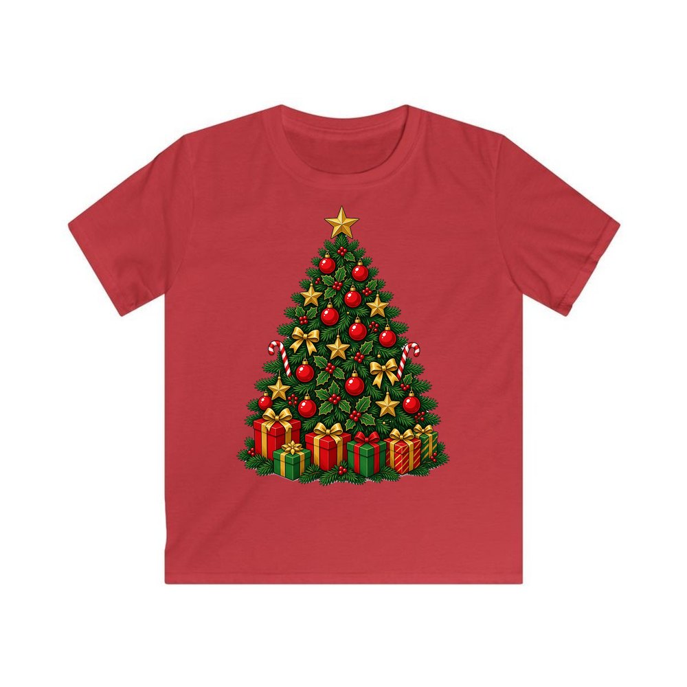 Traditional Red and Green Tree personalised kids Christmas tee in red