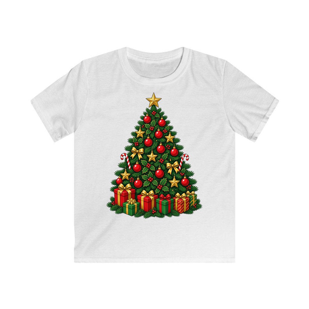 Traditional Red And Green Tree Kids Christmas Tee design on a white kids tee