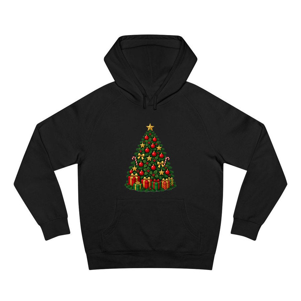 Traditional Red and Green Tree personalised Christmas hoodie in black