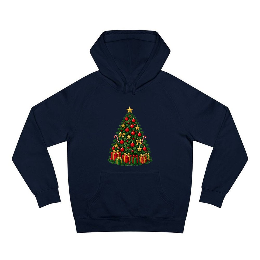 Traditional Red and Green Tree personalised Christmas hoodie in navy