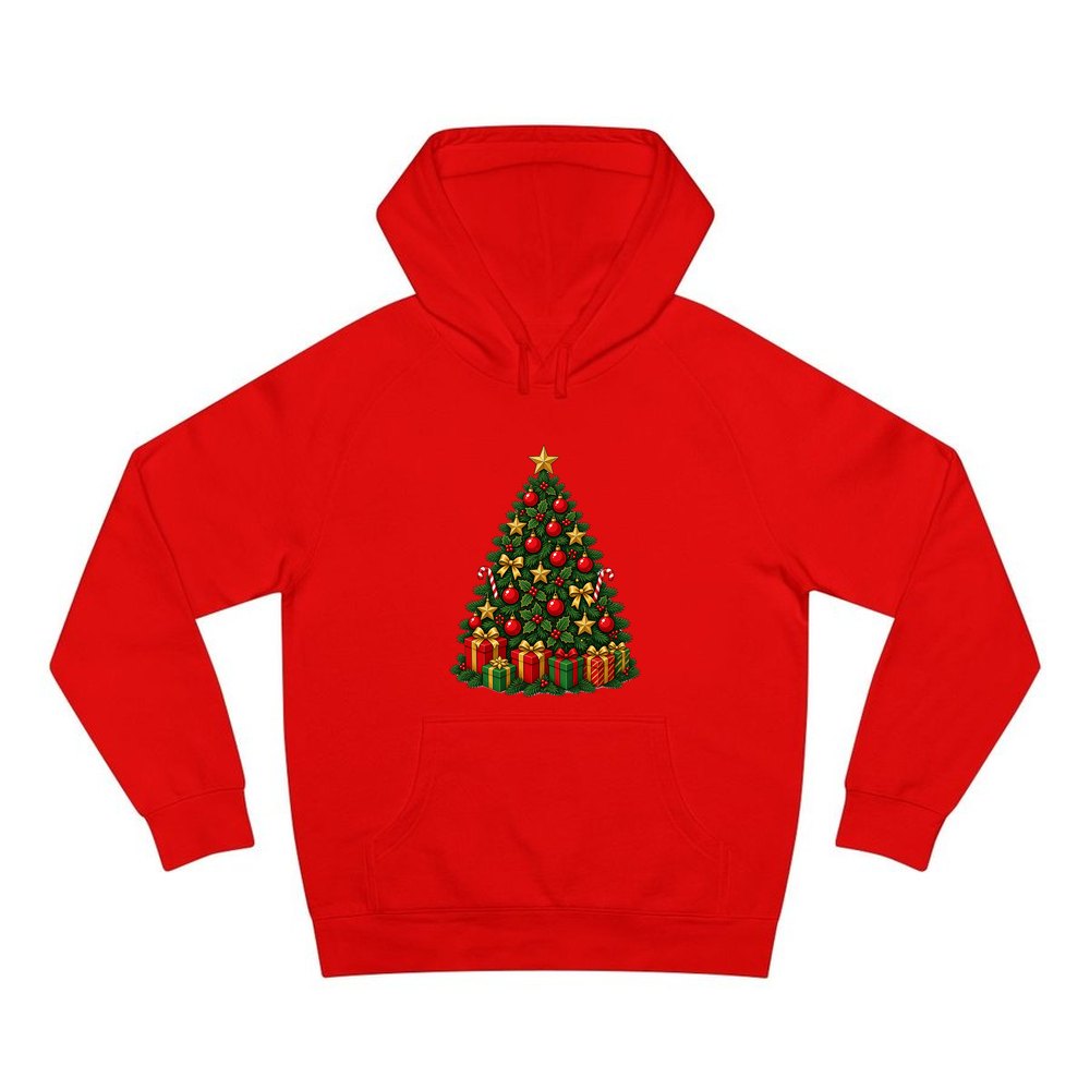 Traditional Red and Green Tree personalised Christmas hoodie in red