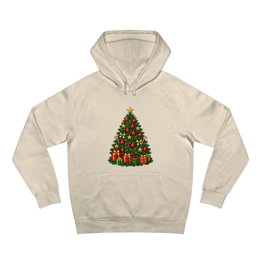Traditional Red and Green Tree personalised Christmas hoodie in sand
