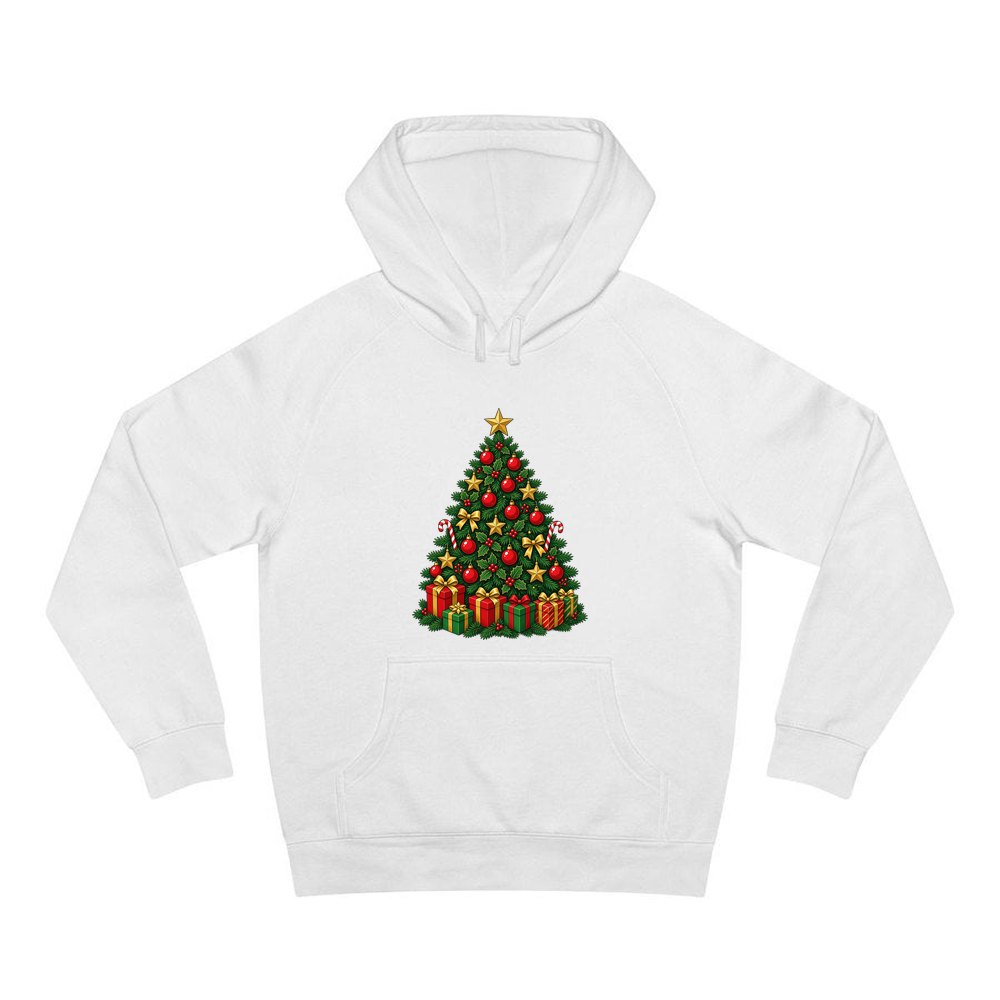 Traditional Red and Green Tree personalised Christmas hoodie in white