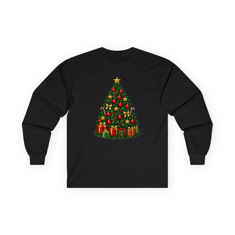 Traditional Red and Green Tree personalised long sleeve Christmas T-shirt in black