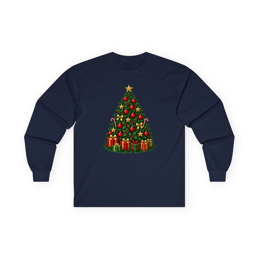 Traditional Red and Green Tree personalised long sleeve Christmas T-shirt in navy