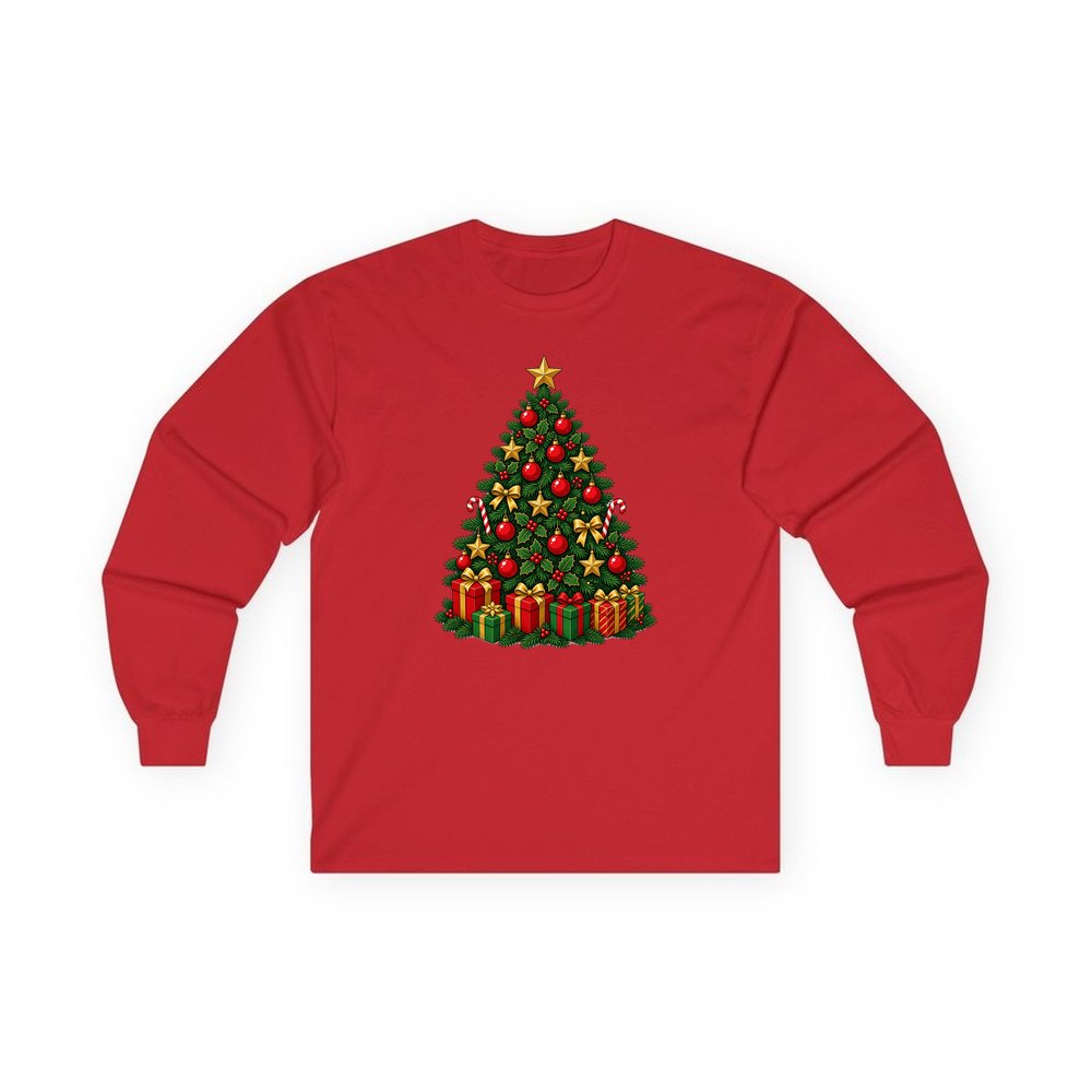 Traditional Red and Green Tree personalised long sleeve Christmas T-shirt in red