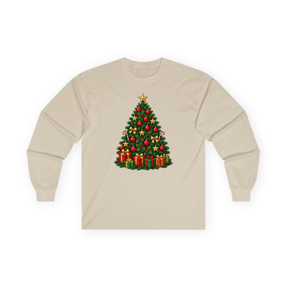 Traditional Red and Green Tree personalised long sleeve Christmas T-shirt in sand