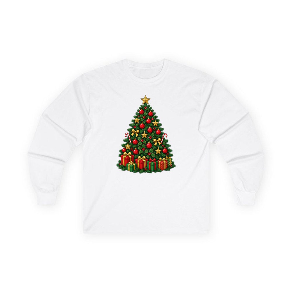 Traditional Red and Green Tree personalised long sleeve Christmas T-shirt in white