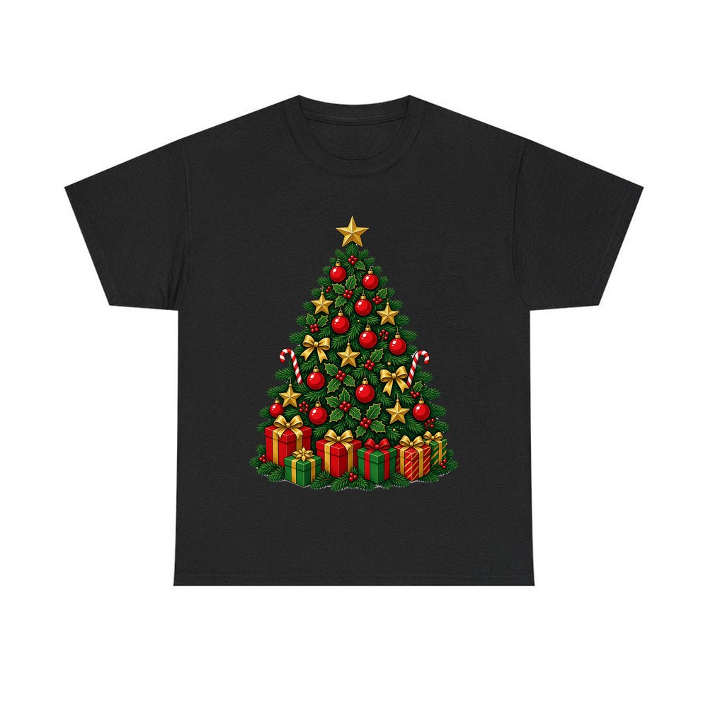Traditional Red and Green Tree personalised Christmas T-shirt in black