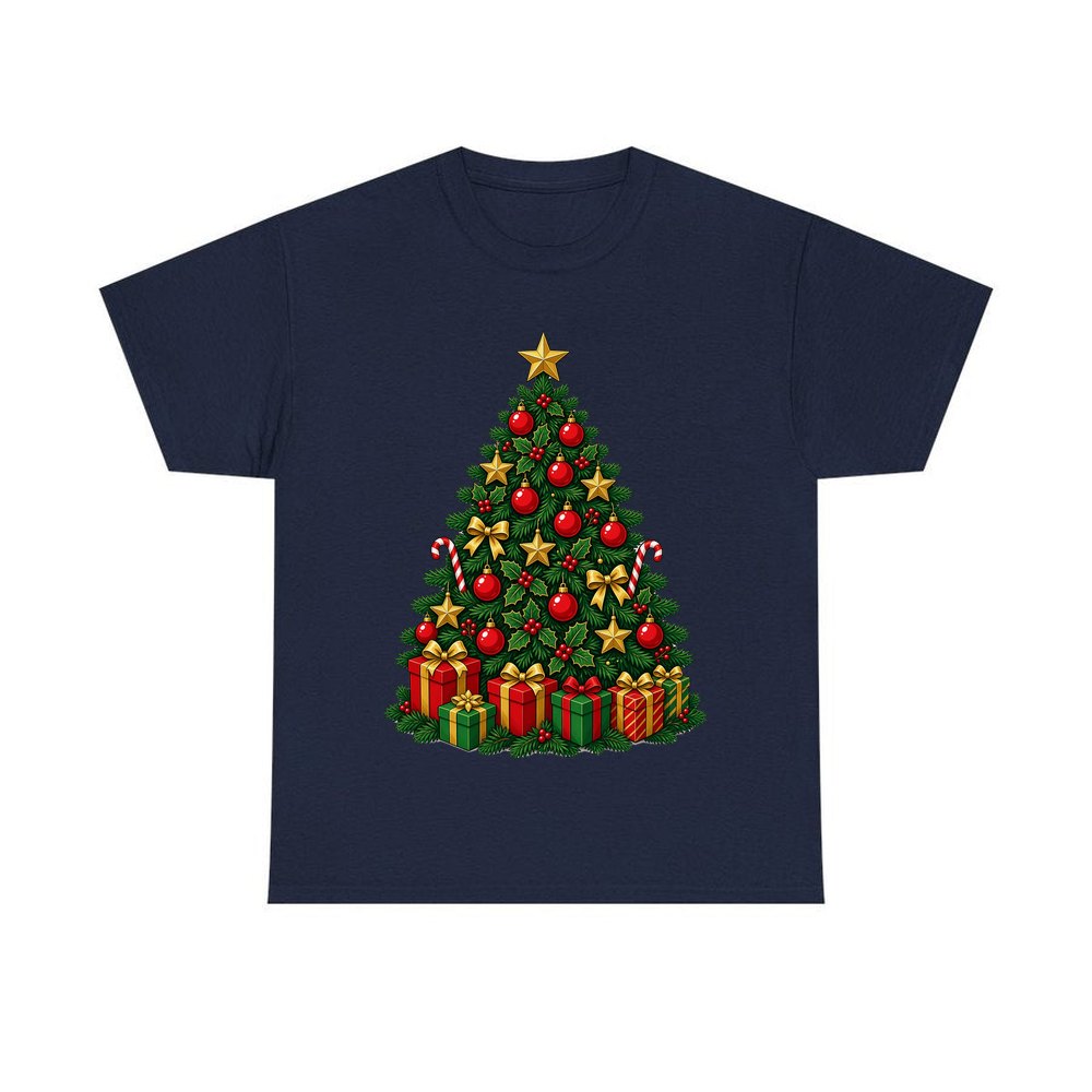 Traditional Red and Green Tree personalised Christmas T-shirt in navy