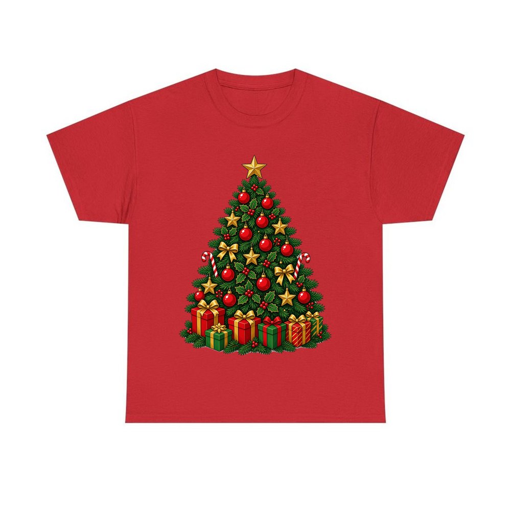 Traditional Red and Green Tree personalised Christmas T-shirt in red