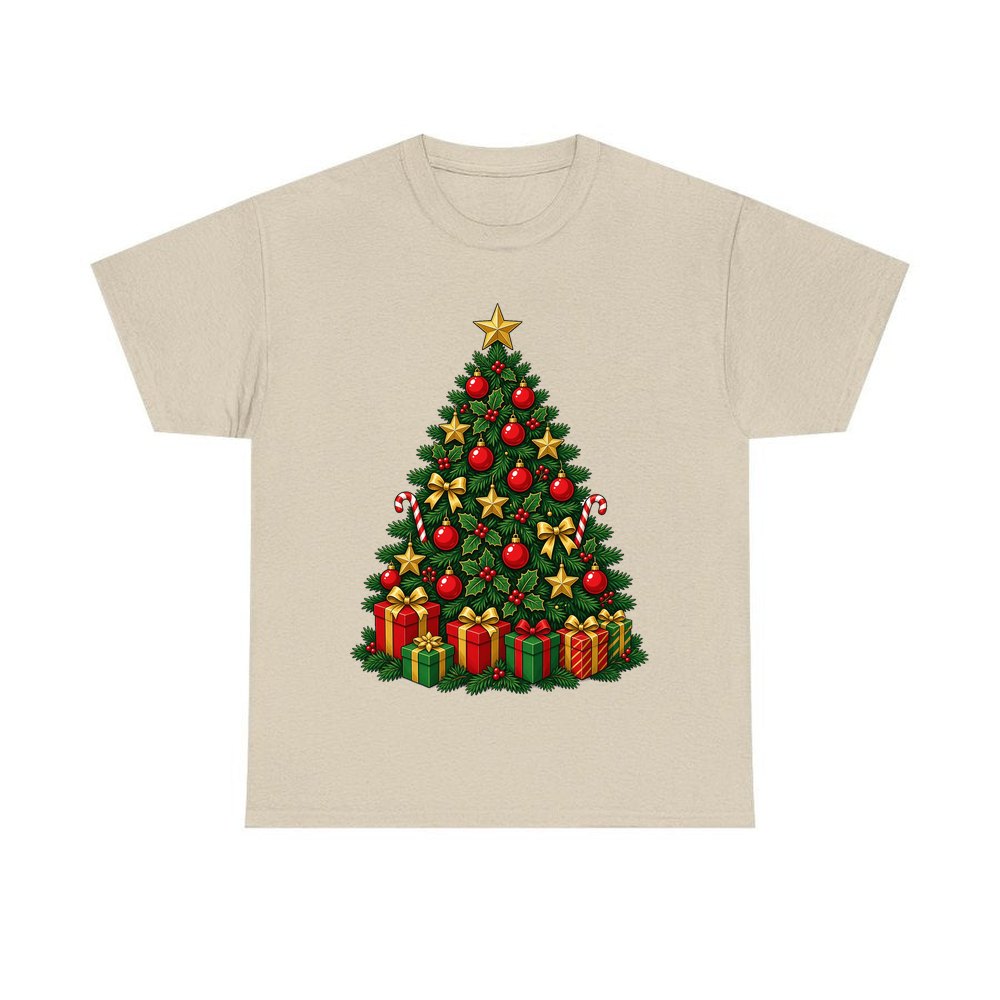 Traditional Red and Green Tree personalised Christmas T-shirt in sand