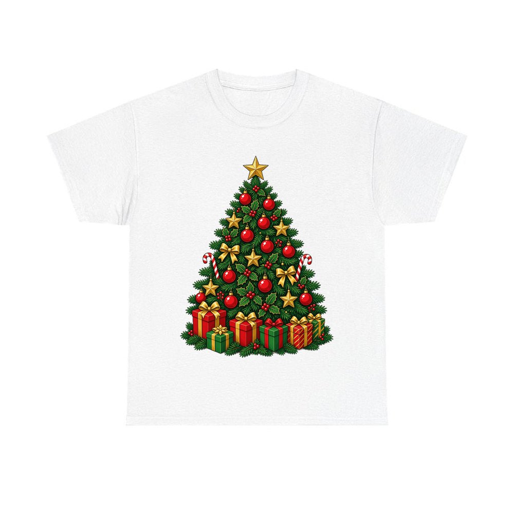 Traditional Red and Green Tree personalised Christmas T-shirt in white