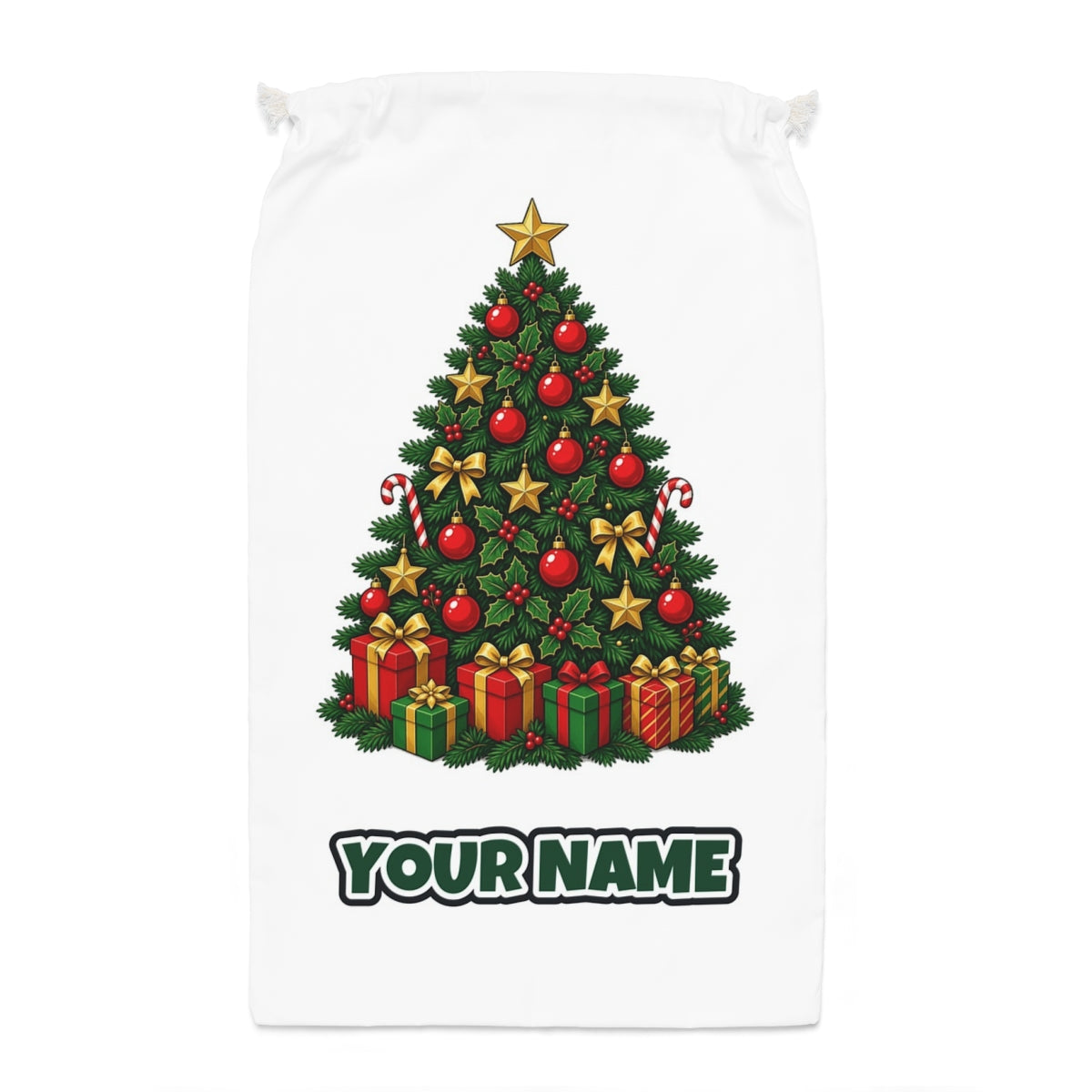 Traditional Red and Green Tree Santa sack laid flat, showing the full print