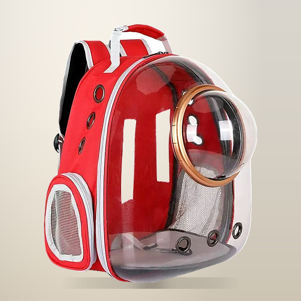 Space Capsule Pet Backpack Carrier, Black or Grey, on a plain cream background
