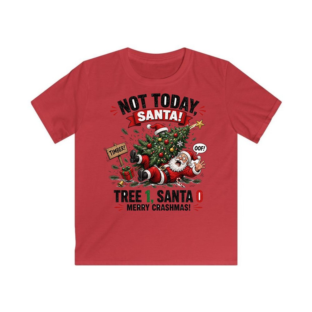 Tree 1, Santa 0 personalised kids Christmas tee in red