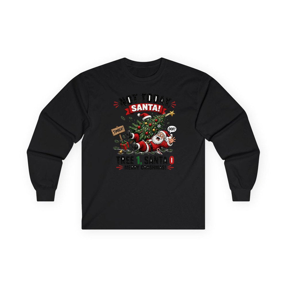 Tree 1, Santa 0 personalised long sleeve Christmas T-shirt in black