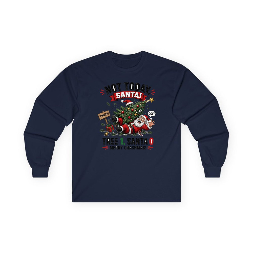 Tree 1, Santa 0 personalised long sleeve Christmas T-shirt in navy