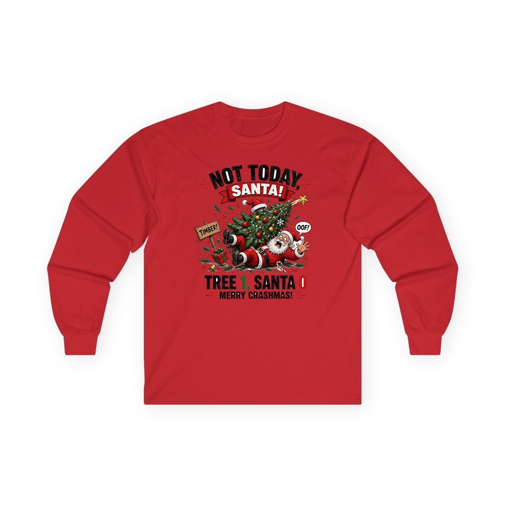 Tree 1, Santa 0 personalised long sleeve Christmas T-shirt in red