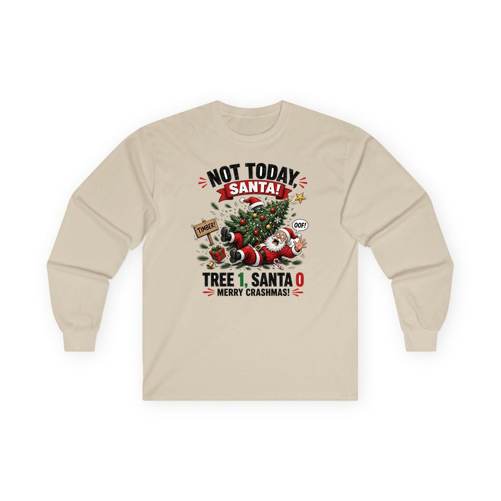 Tree 1, Santa 0 personalised long sleeve Christmas T-shirt in sand