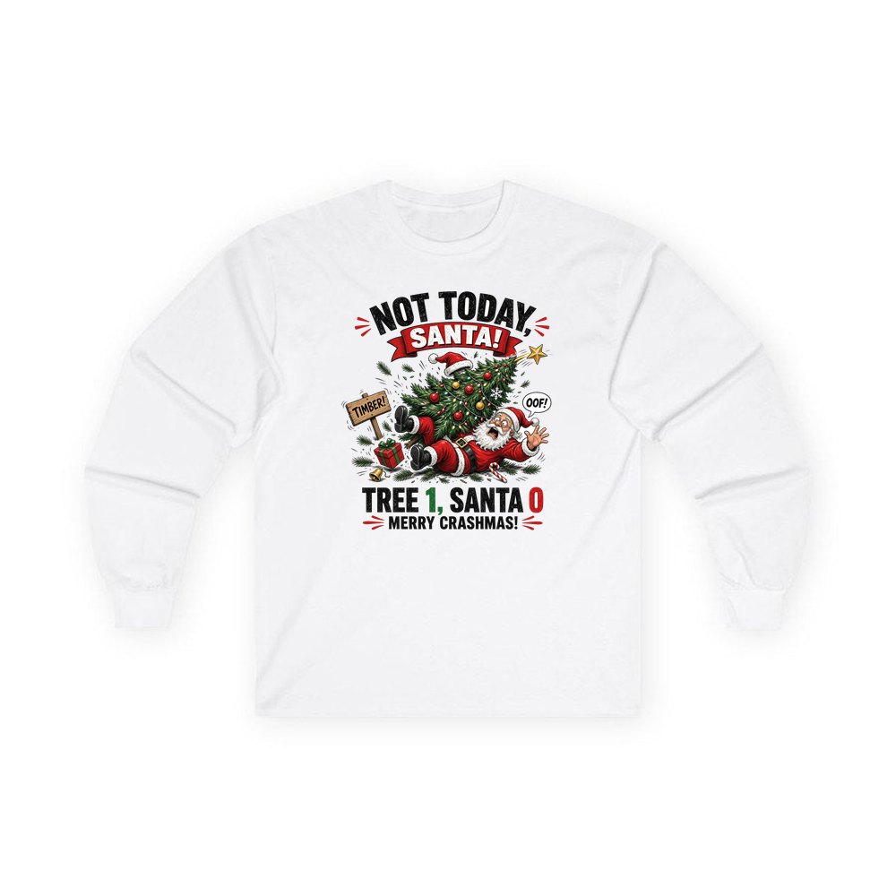 Tree 1, Santa 0 personalised long sleeve Christmas T-shirt in white