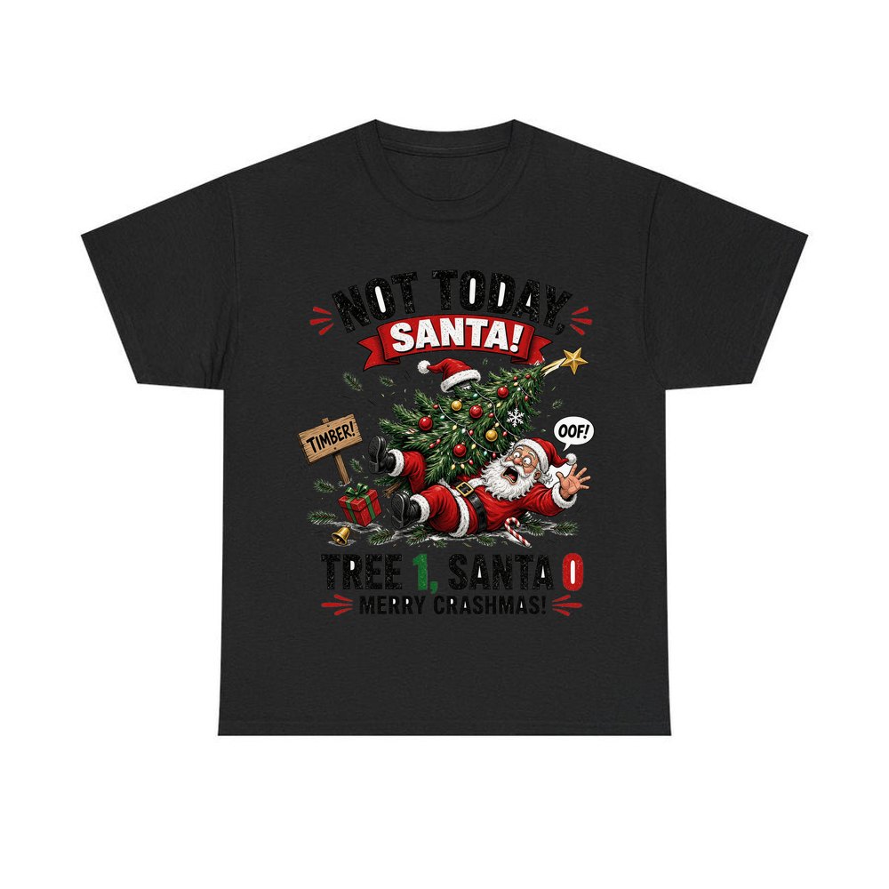 Tree 1, Santa 0 personalised Christmas T-shirt in black