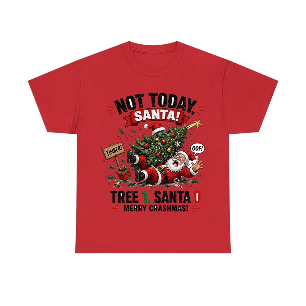 Tree 1, Santa 0 personalised Christmas T-shirt in red