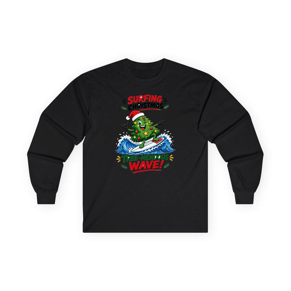 Tree-Mendous Wave personalised long sleeve Christmas T-shirt in black