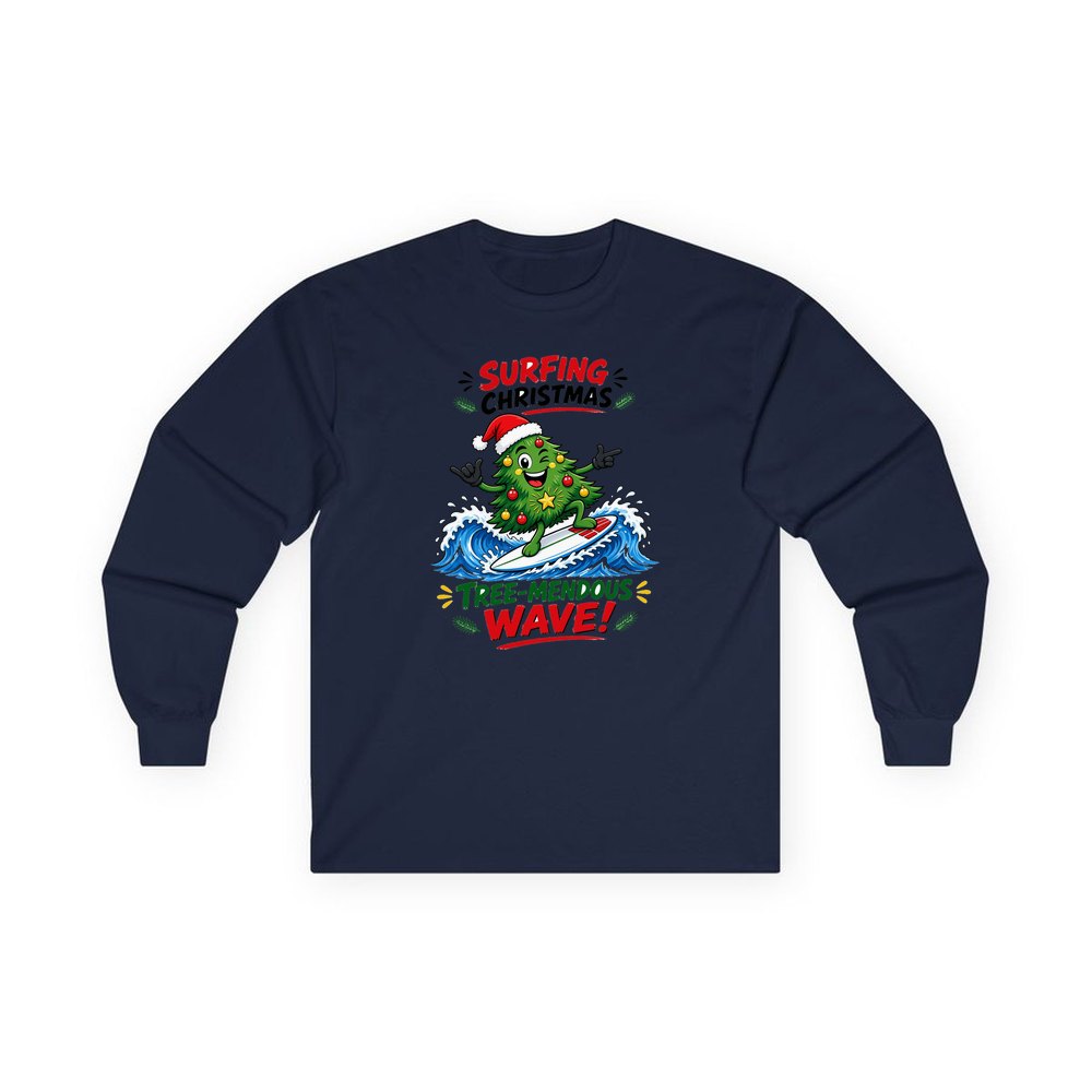 Tree-Mendous Wave personalised long sleeve Christmas T-shirt in navy