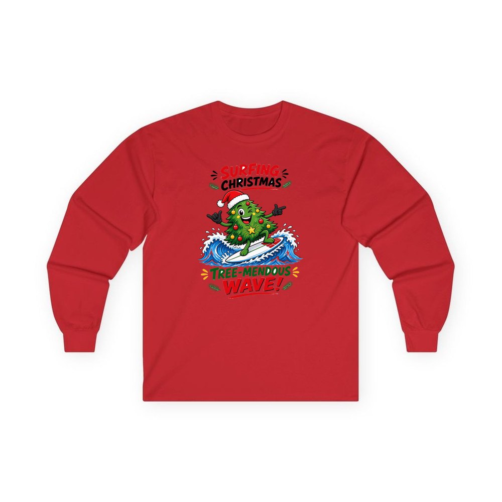 Tree-Mendous Wave personalised long sleeve Christmas T-shirt in red