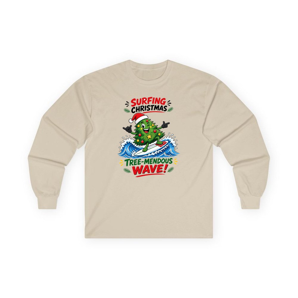 Tree-Mendous Wave personalised long sleeve Christmas T-shirt in sand