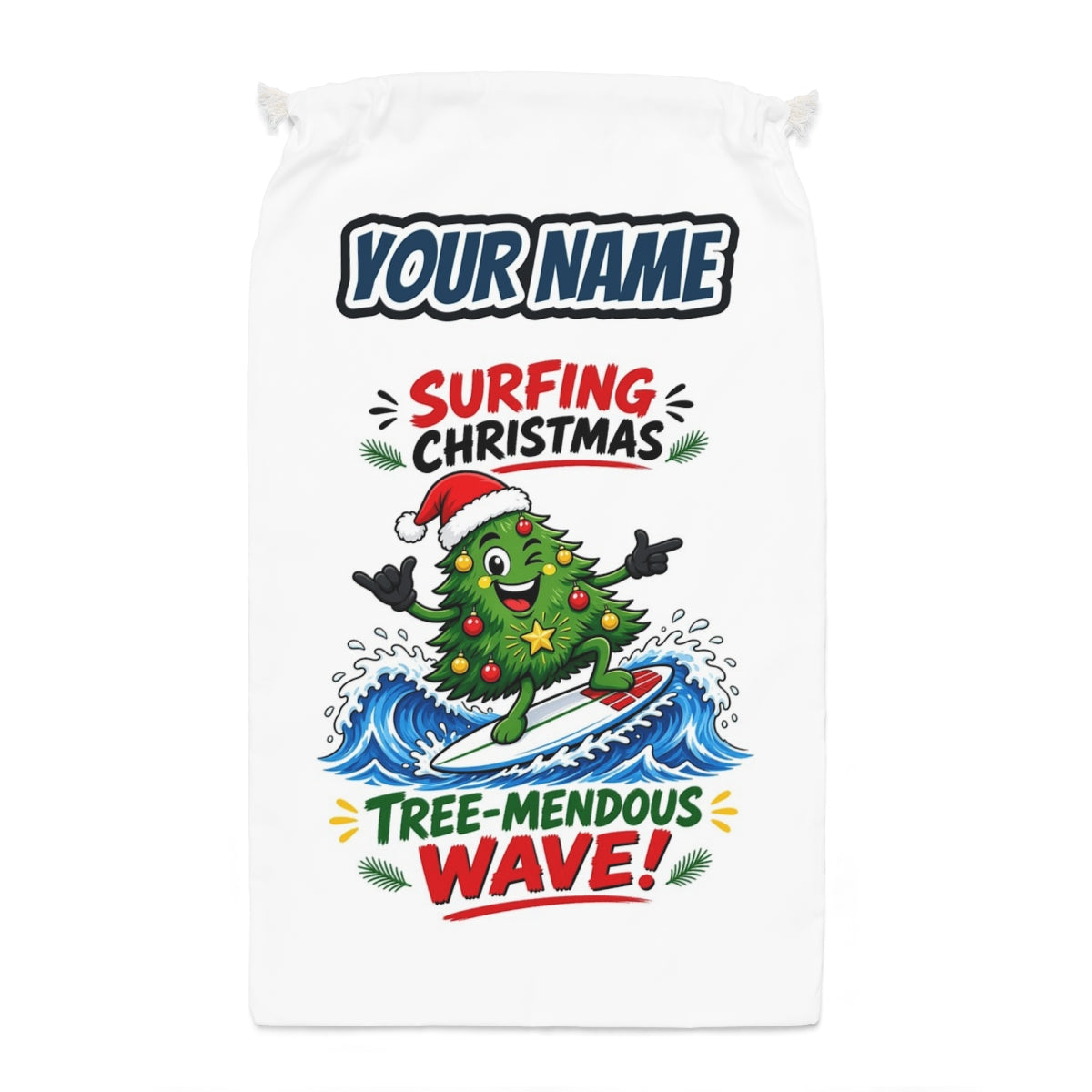Tree-Mendous Wave Santa sack laid flat, showing the full print