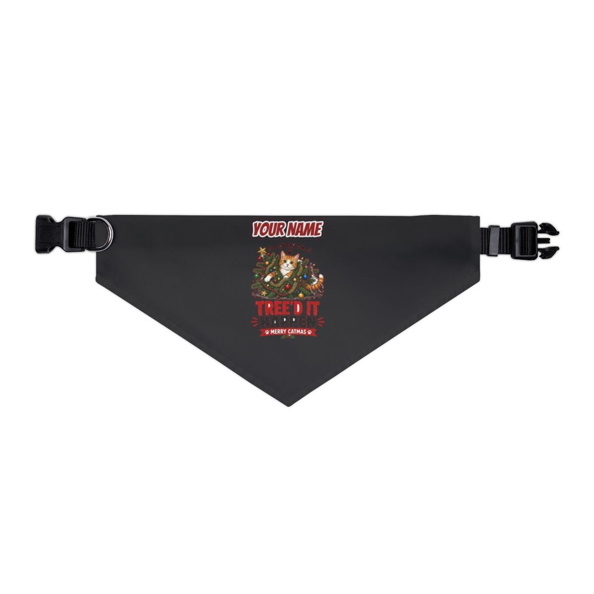 Tree'd It Happen personalised Christmas pet bandana in black, collar with buckle