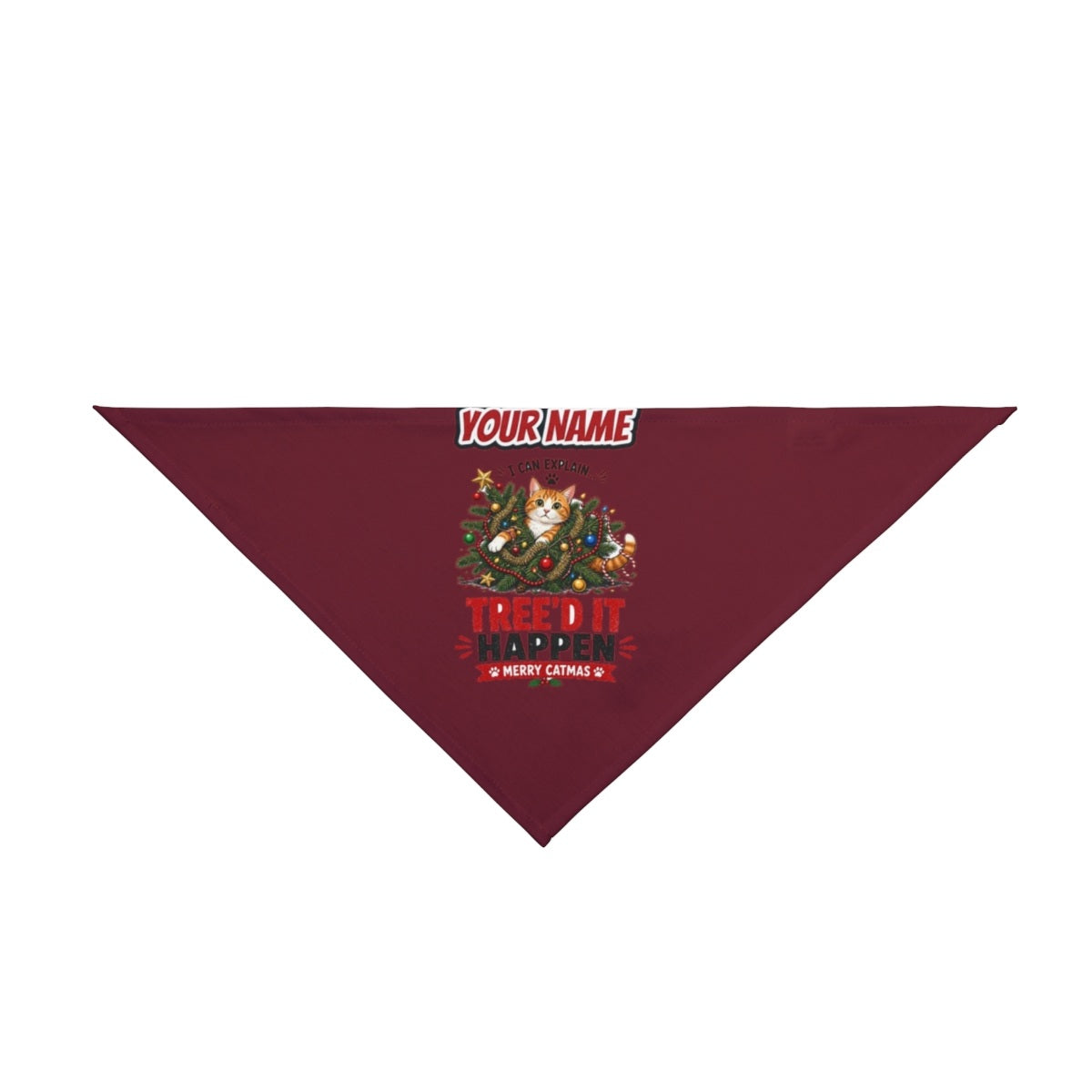 Tree'd It Happen personalised Christmas pet bandana in maroon, tie-on style