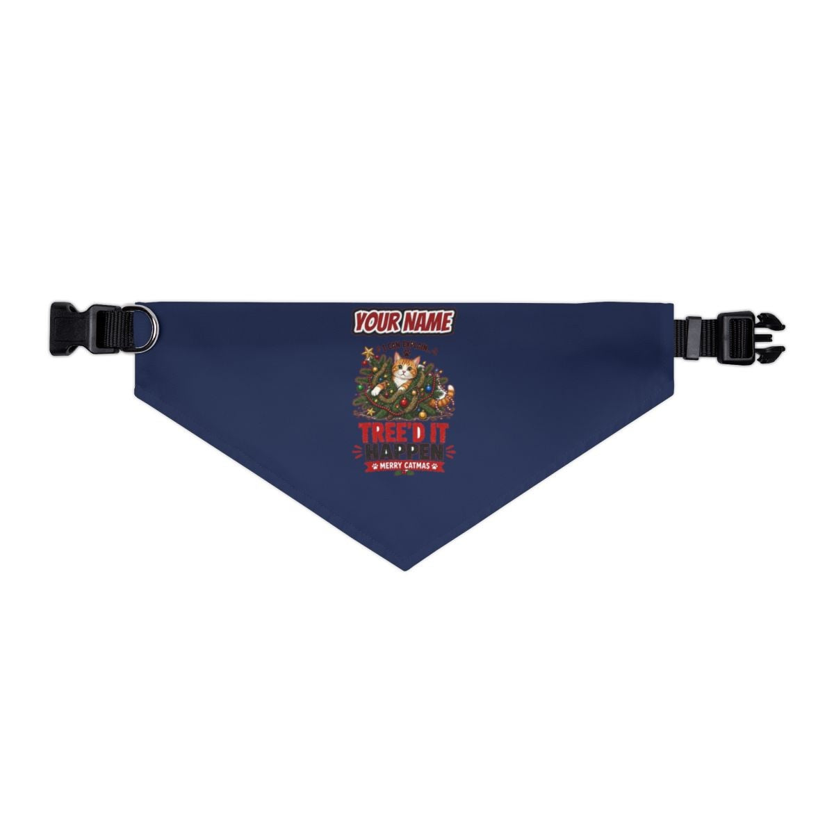 Tree'd It Happen personalised Christmas pet bandana in navy, collar with buckle