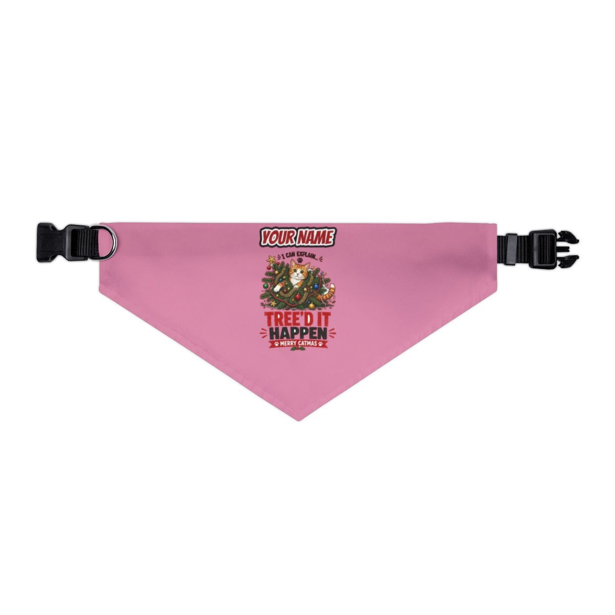 Tree'd It Happen personalised Christmas pet bandana in pink, collar with buckle