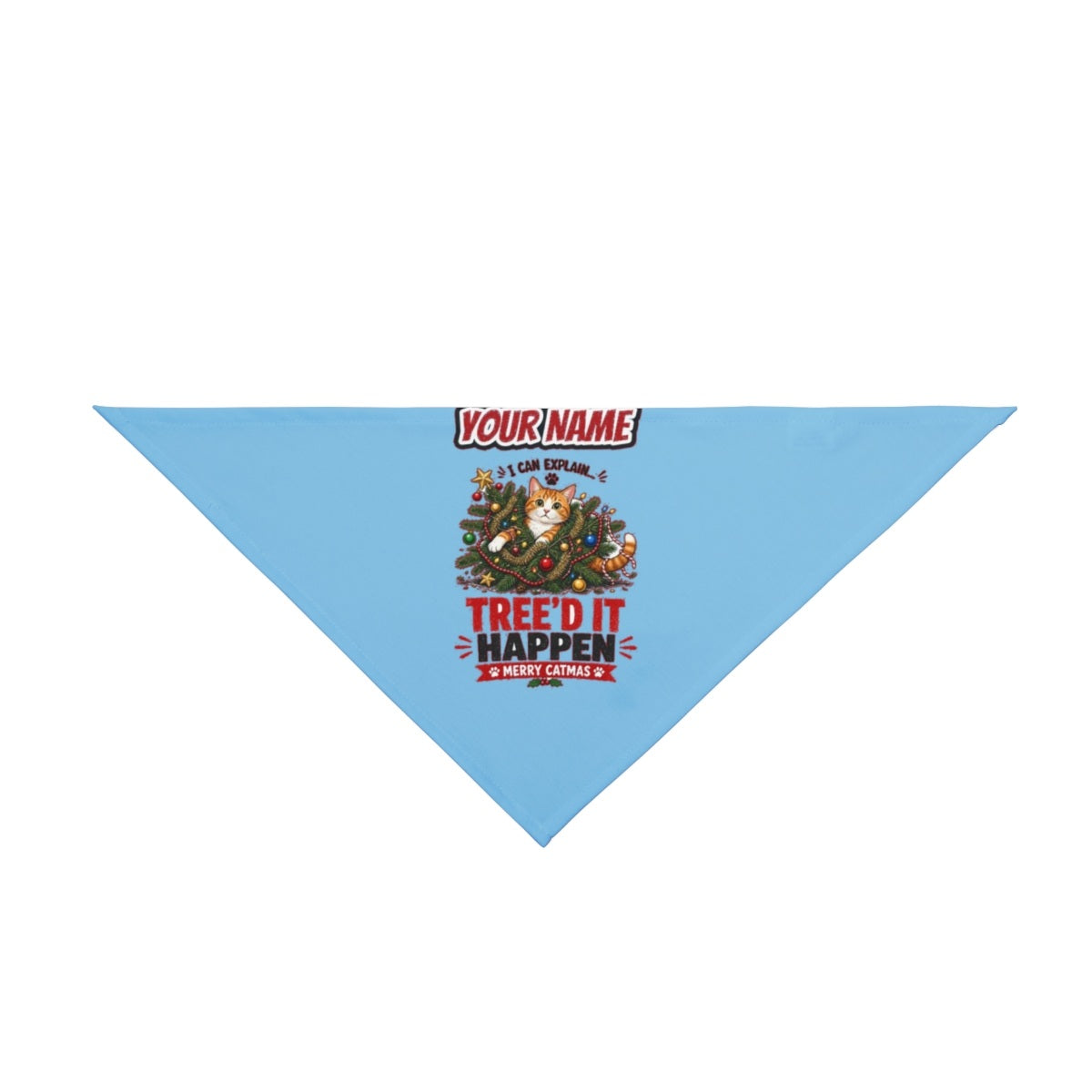 Tree'd It Happen personalised Christmas pet bandana in sky blue, tie-on style