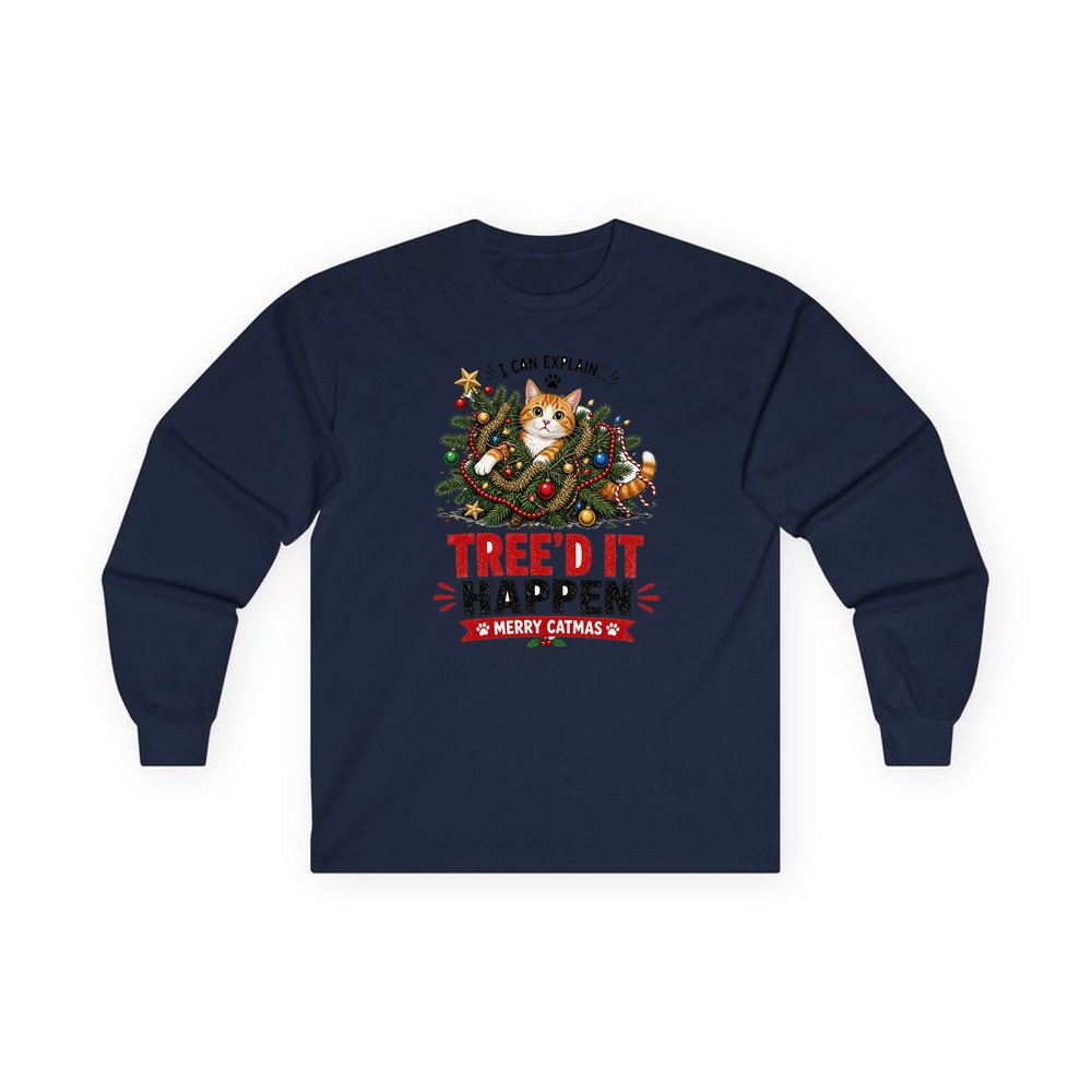 Tree'd It Happen personalised long sleeve Christmas T-shirt in navy
